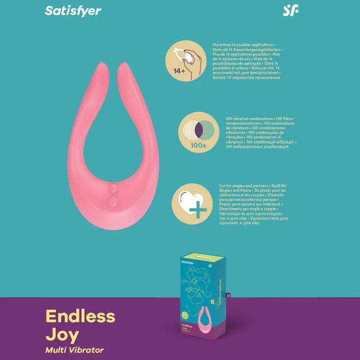 Satisfyer Endless Joy - Couples Stimulator in Pink, product graphic with feature callouts
