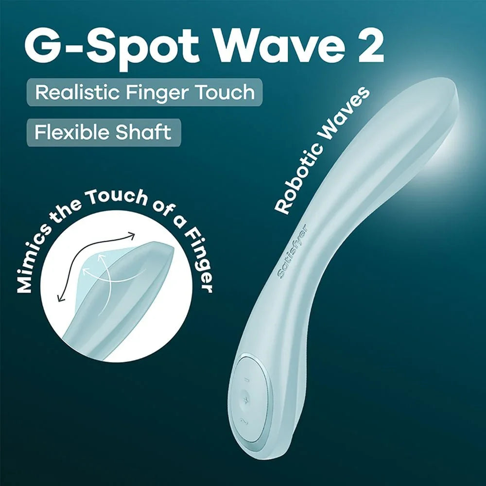 Satisfyer G-Spot Wave 2 - Flicking Tip Vibrator in Ice Blue, product graphic with feature callouts