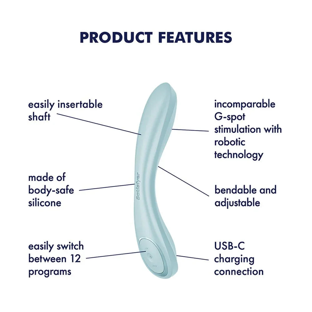Satisfyer G-Spot Wave 2 - Flicking Tip Vibrator in Ice Blue, labelled feature diagram