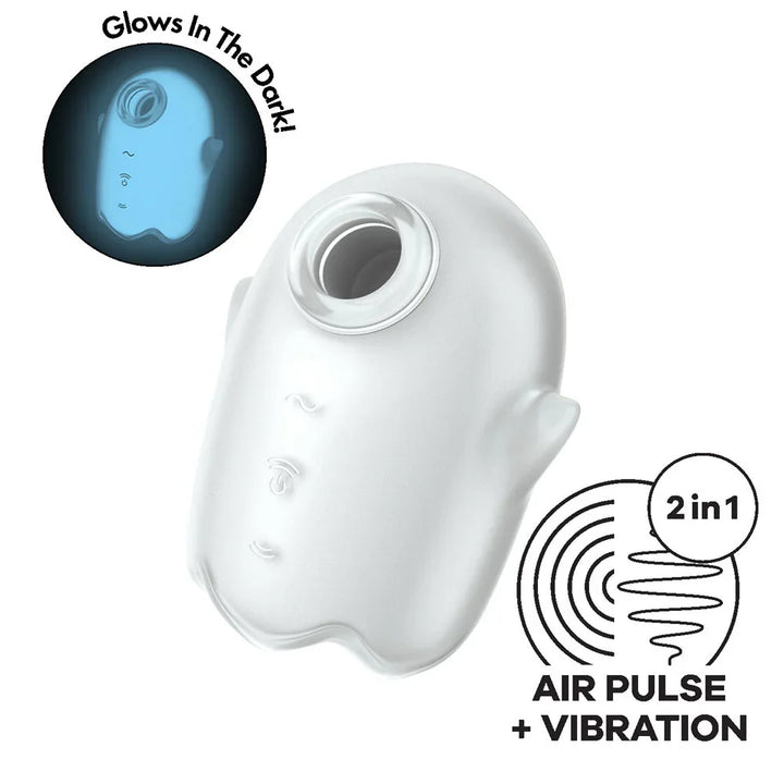 Satisfyer Glowing Ghost - Glow in the Dark Air Pulse Stimulator in White with a feature badge