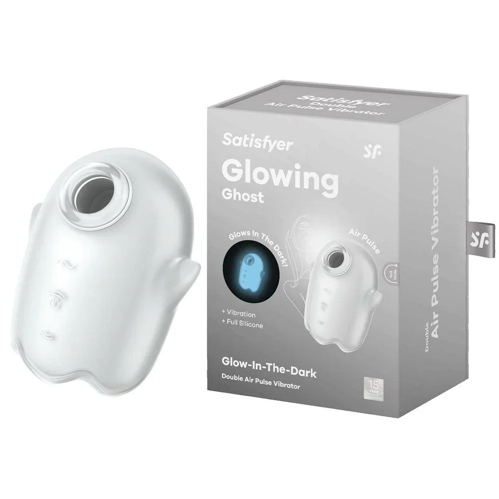 Satisfyer Glowing Ghost - Glow in the Dark Air Pulse Stimulator in White beside its retail box