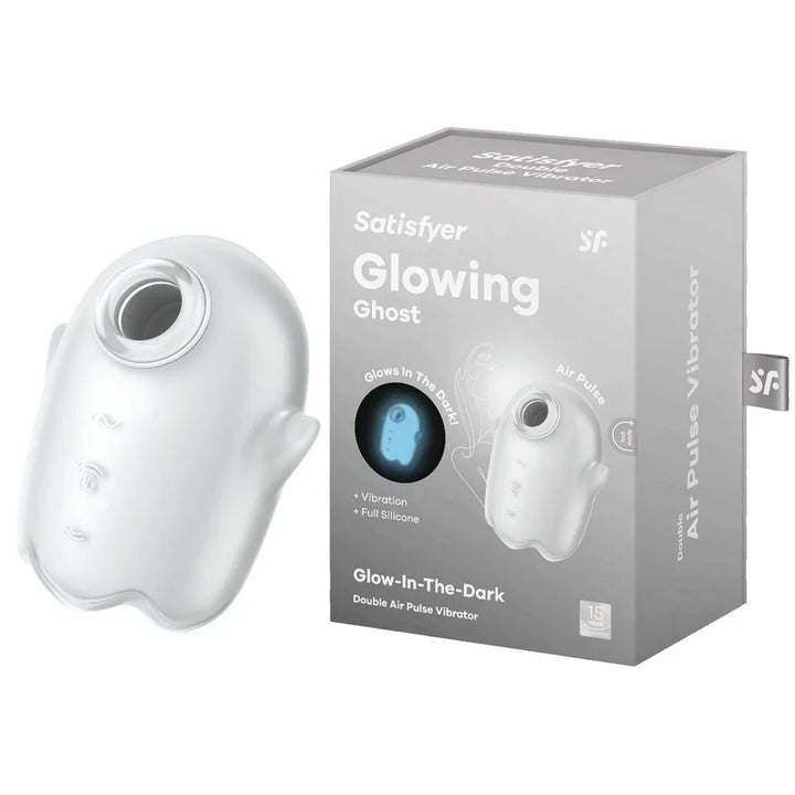 Satisfyer Glowing Ghost - Glow in the Dark Air Pulse Stimulator in White beside its retail box