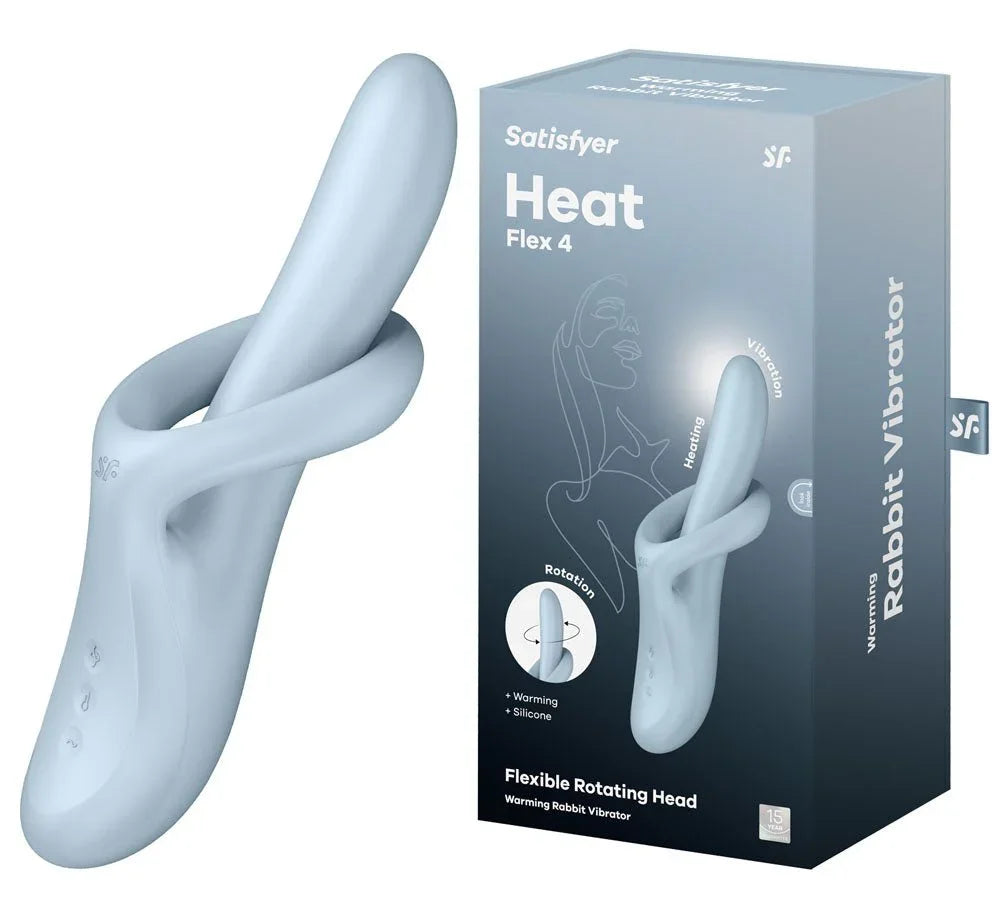 Satisfyer Heat Flex 4 Heating G-Spot Vibrator in Light Blue beside its retail box