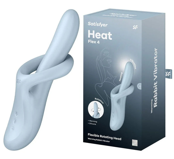 Satisfyer Heat Flex 4 Heating G-Spot Vibrator in Light Blue beside its retail box