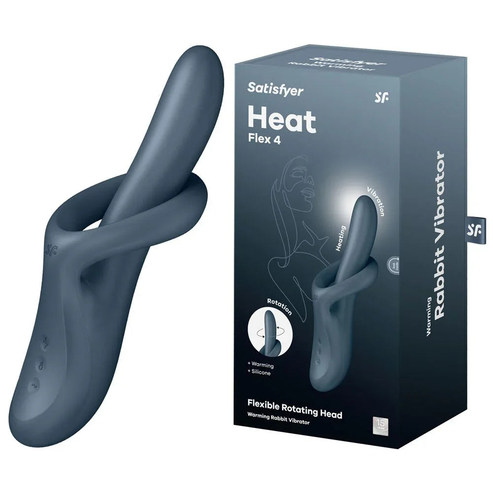 Satisfyer Heat Flex 4 Heating G-Spot Vibrator in Grey beside its retail box