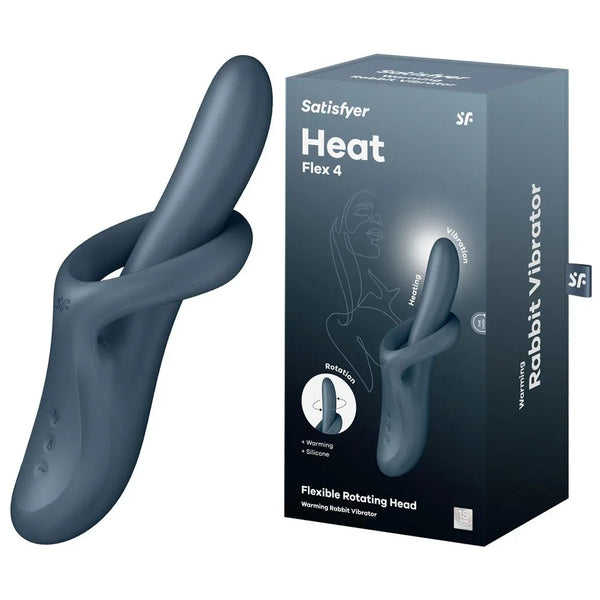 Satisfyer Heat Flex 4 Heating G-Spot Vibrator in Grey beside its retail box