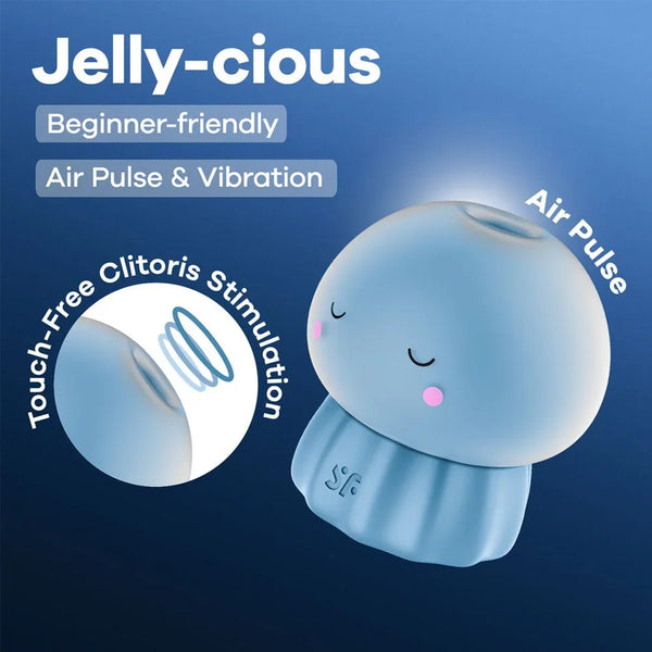 Satisfyer Jelly-cious - Air Pulse Stimulator in Blue, product graphic with feature callouts