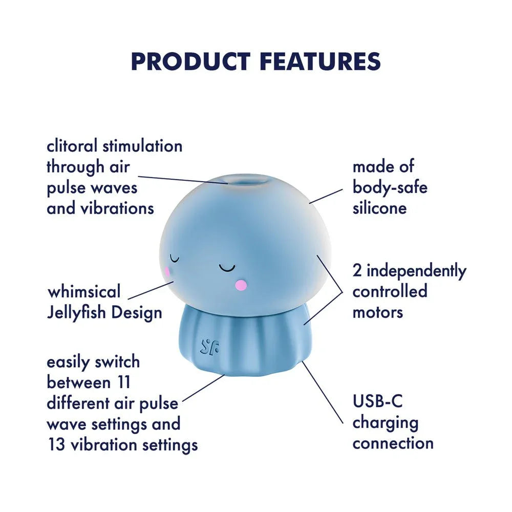 Satisfyer Jelly-cious - Air Pulse Stimulator in Blue, labelled feature diagram
