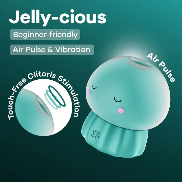 Satisfyer Jelly-cious - Air Pulse Stimulator in Green, product graphic with feature callouts