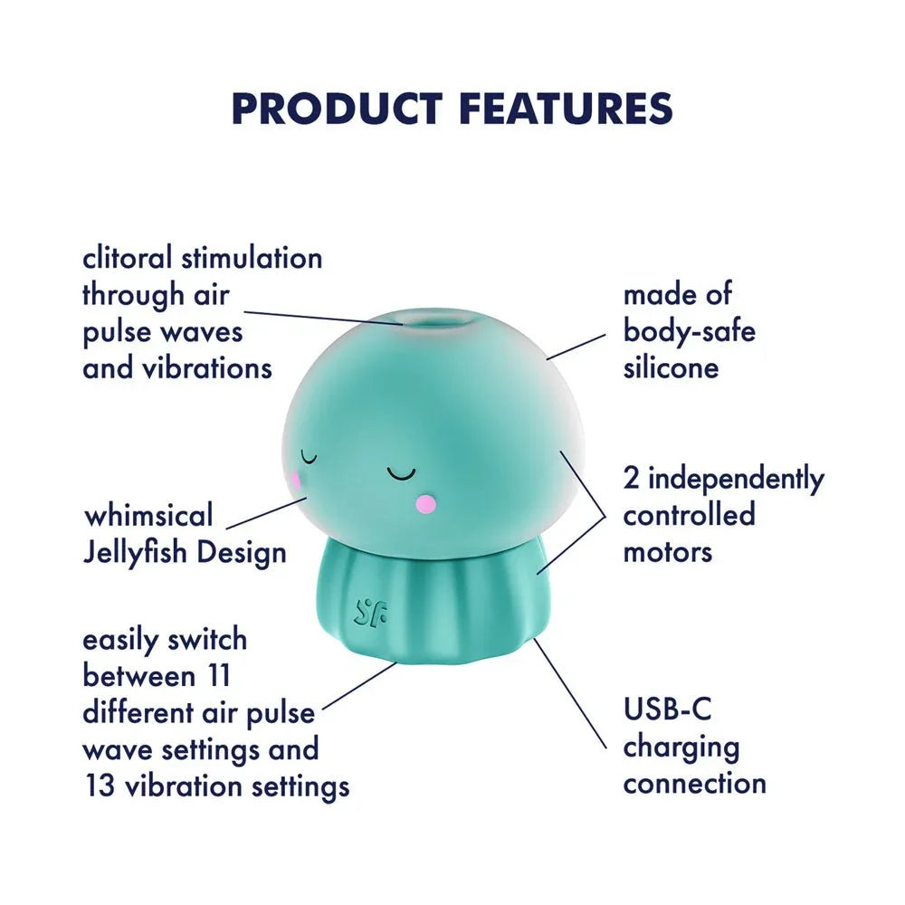 Satisfyer Jelly-cious - Air Pulse Stimulator in Green, labelled feature diagram