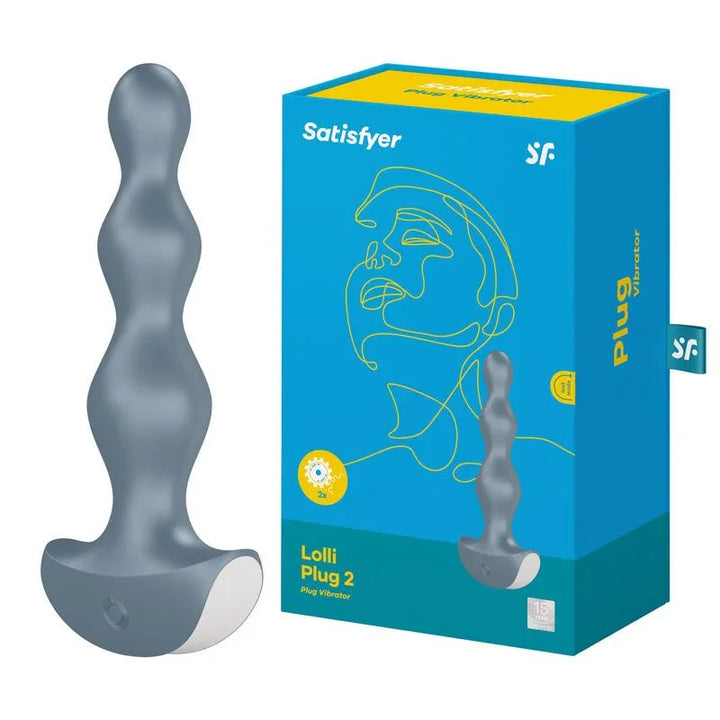 Satisfyer Lolli-Plug 2 - Vibrating Anal Beads in Grey beside its retail box