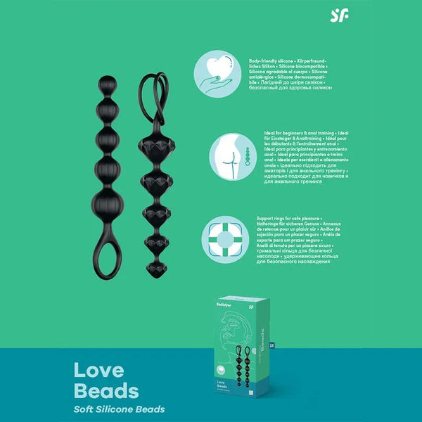 Satisfyer Love Beads: two black silicone bead strands with pull rings