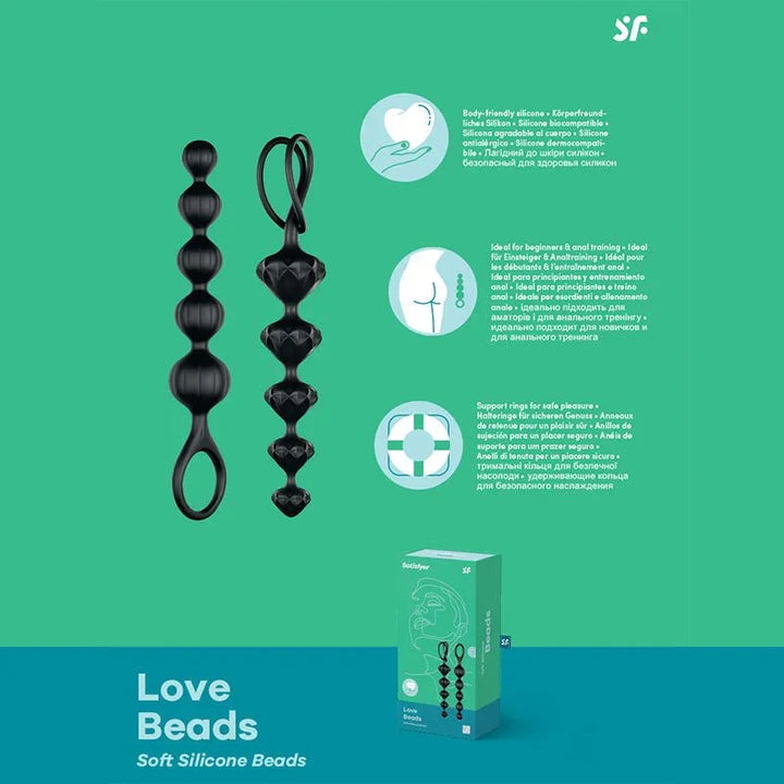 Satisfyer Love Beads: two black silicone bead strands with pull rings