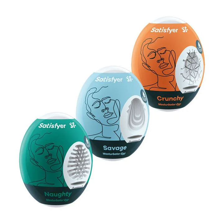 Satisfyer Masturbator Eggs 3-pack: teal, blue and orange egg cases