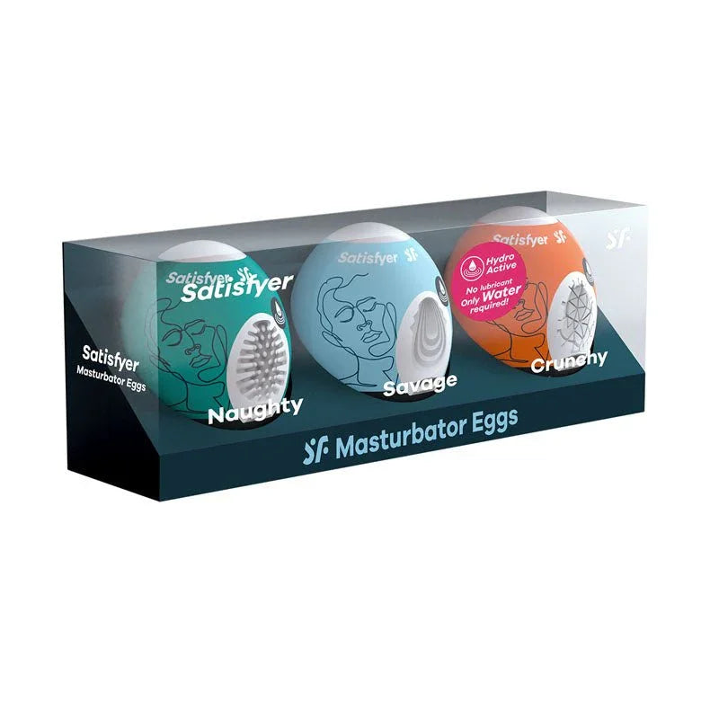 Satisfyer Masturbator Eggs - Mixed 3 Pack #2 - Set of 3 Stroker Sleeves in White retail box
