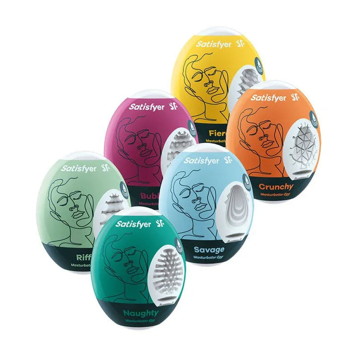 Satisfyer Masturbator Eggs 6-pack, six coloured egg cases fanned out