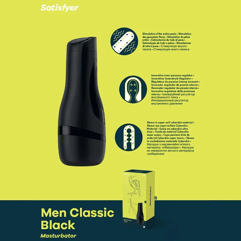 Satisfyer Men Classic in Black, feature overview showing vacuum regulation and cyberskin sleeve