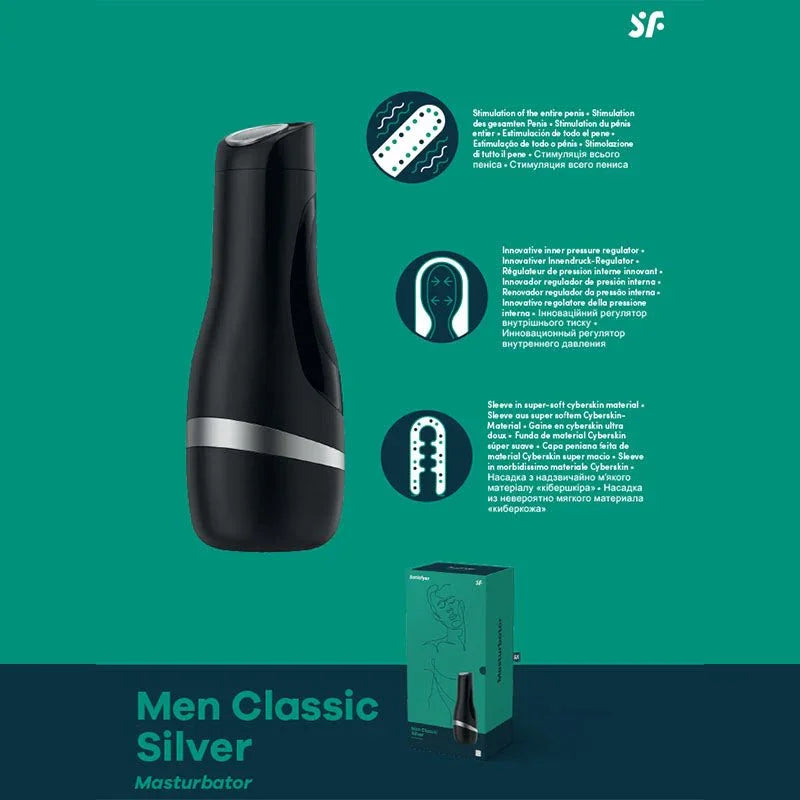 Satisfyer Men Classic in Black/Silver, feature overview showing vacuum regulation and cyberskin sleeve