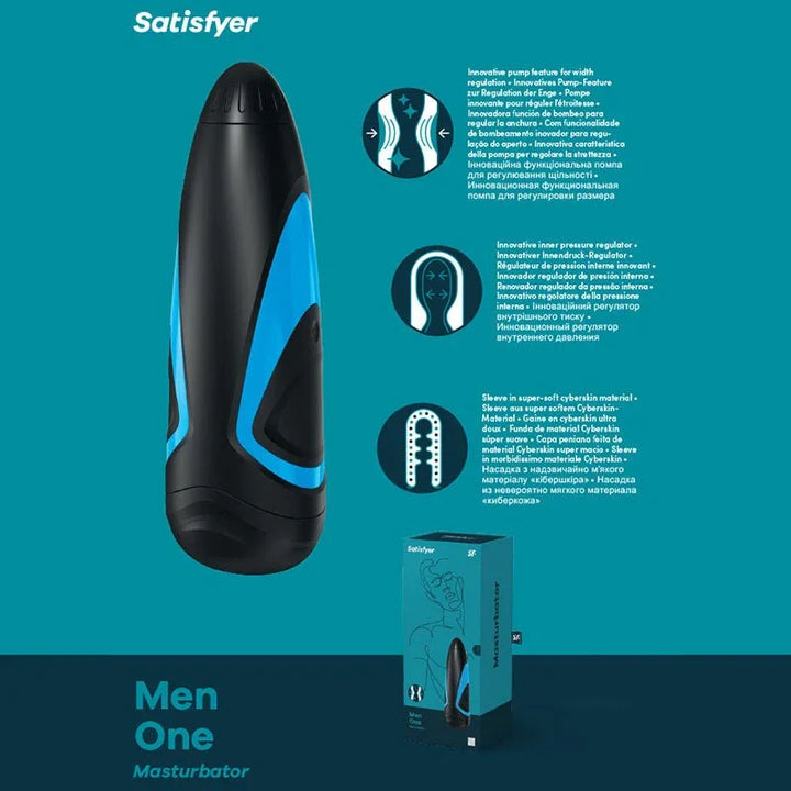 Satisfyer Men One in black with a blue side stripe, beside the box