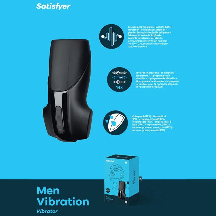 Satisfyer Men Vibration - Masturbator in Black, product graphic with feature callouts