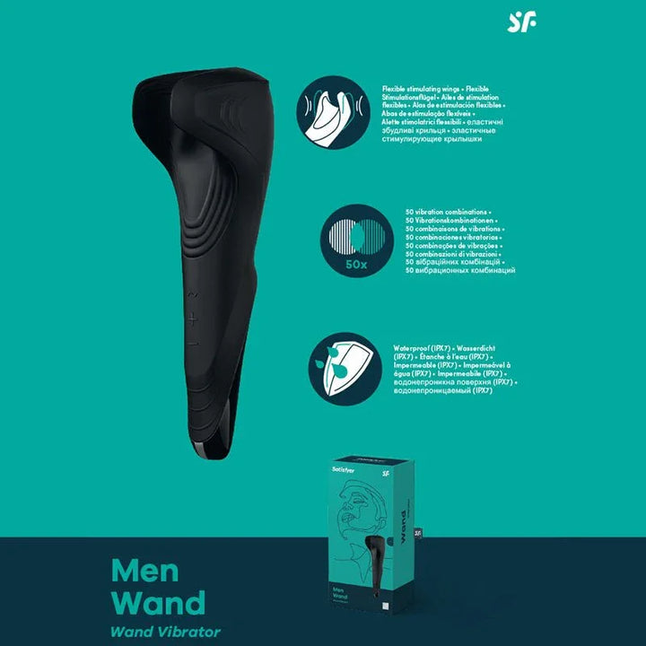 Satisfyer Men Wand - Vibrating Masturbator Wand in Black, product graphic with feature callouts