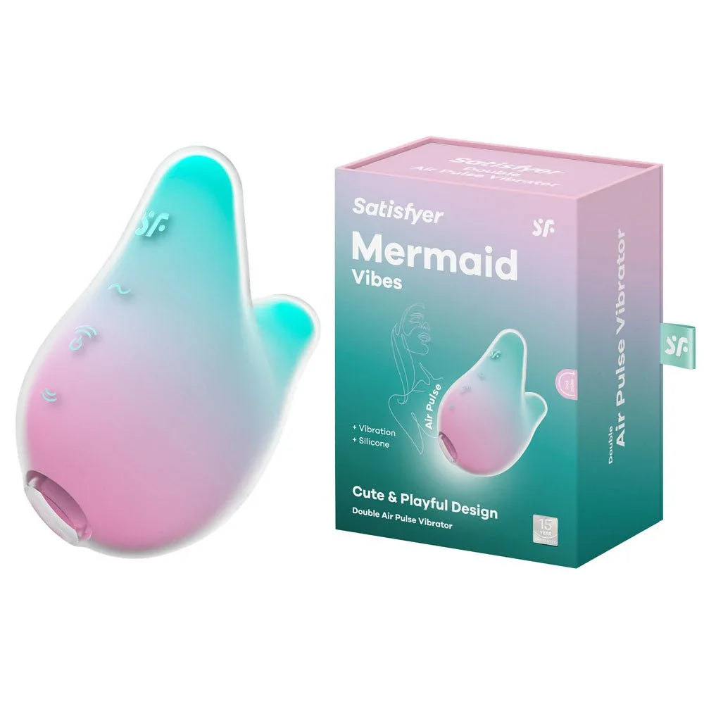 Satisfyer Mermaid Vibes - Air Pulse Stimulator in Mint/Pink beside its retail box