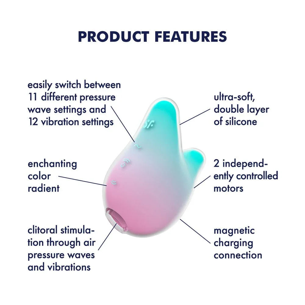 Satisfyer Mermaid Vibes - Air Pulse Stimulator in Mint/Pink, labelled feature diagram