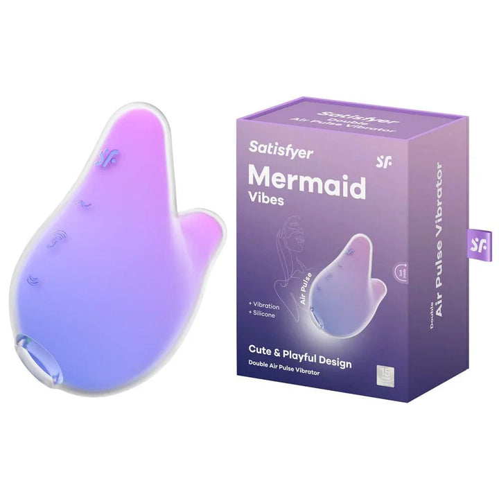 Satisfyer Mermaid Vibes - Air Pulse Stimulator in Violet/Pink beside its retail box
