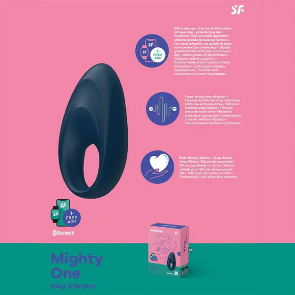 Satisfyer Mighty One in Navy, product graphic with feature callouts