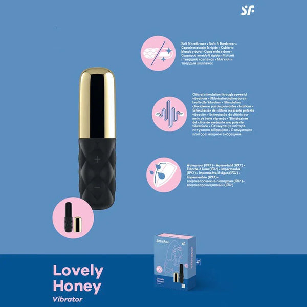 Satisfyer Mini Sparking Darling - Mini Vibrator in Gold, product graphic with feature callouts