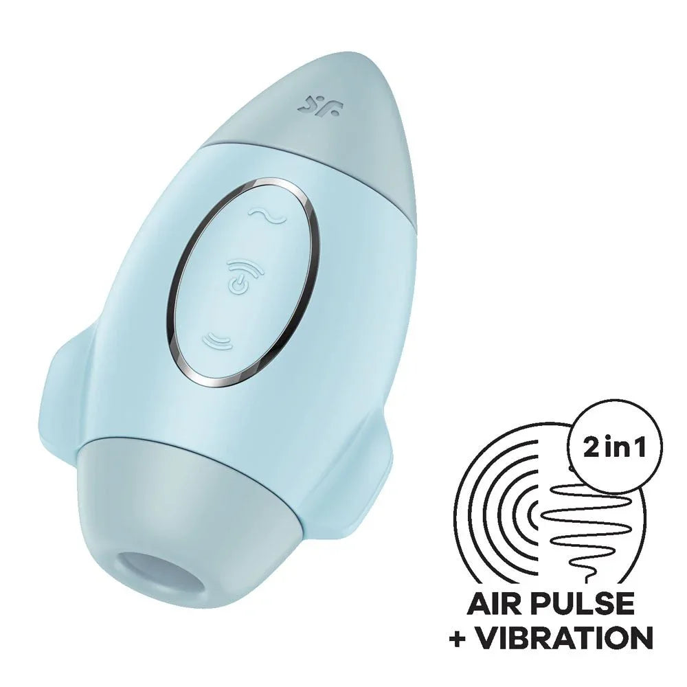Satisfyer Mission Control Air Pulse Vibrator in Light Blue with a feature badge
