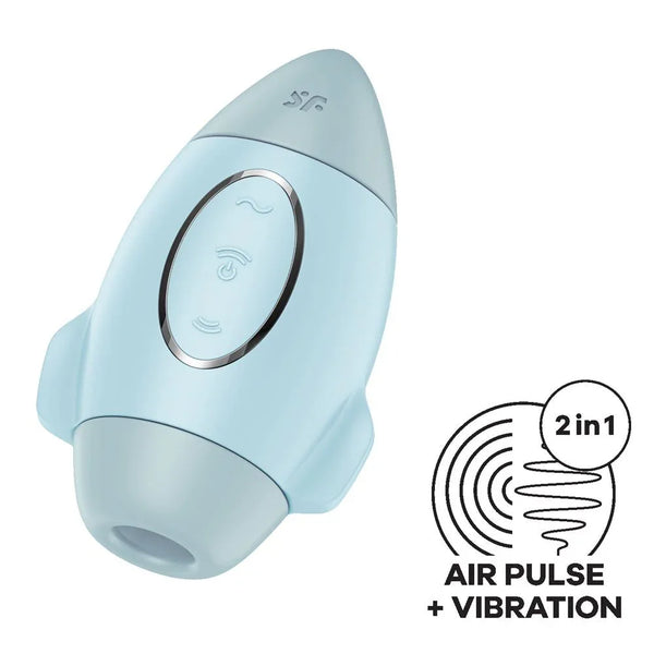 Satisfyer Mission Control Air Pulse Vibrator in Light Blue with a feature badge