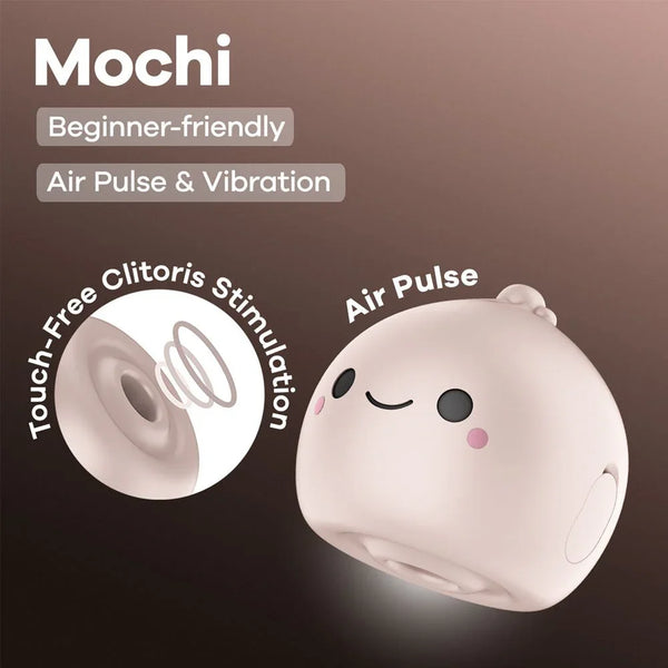 Satisfyer Mochi - Air Pulse Stimulator in Beige, product graphic with feature callouts