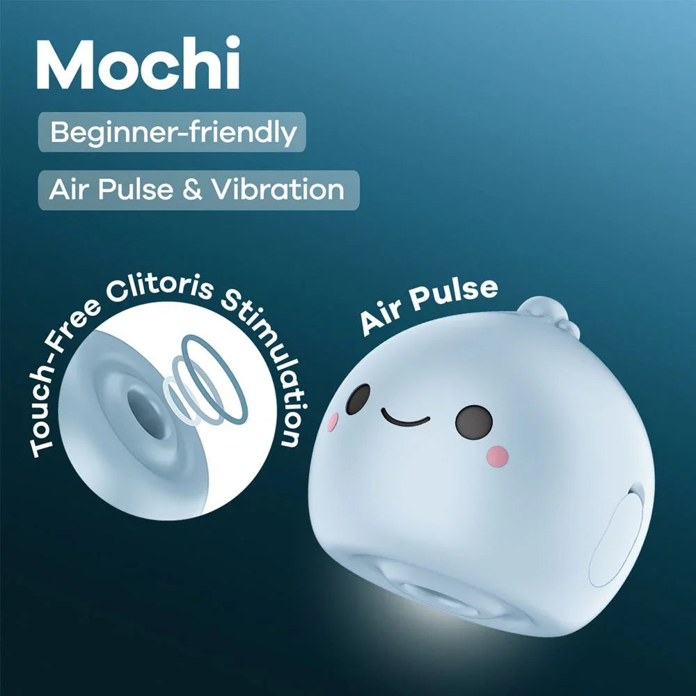 Satisfyer Mochi - Air Pulse Stimulator in Frost Blue, product graphic with feature callouts