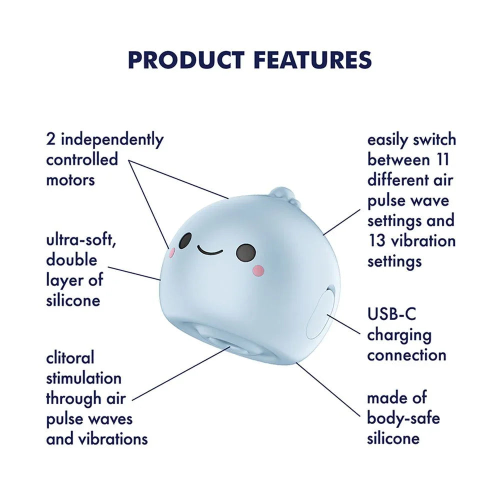 Satisfyer Mochi - Air Pulse Stimulator in Frost Blue, labelled feature diagram
