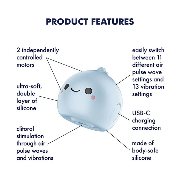 Satisfyer Mochi - Air Pulse Stimulator in Frost Blue, labelled feature diagram