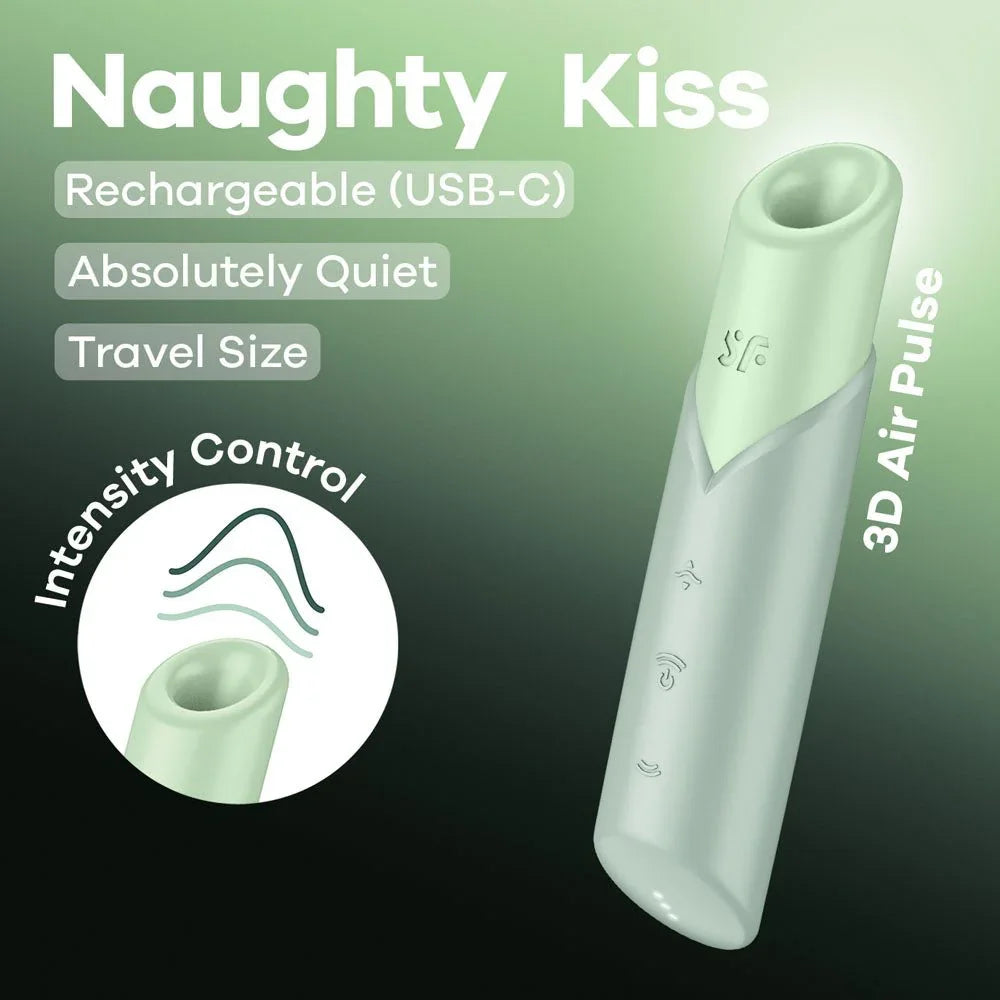 Satisfyer Naughty Kiss Air Pulse Stimulator in Mint Green, product graphic with feature callouts