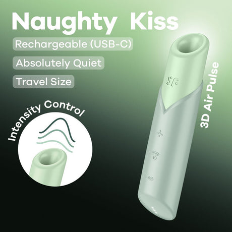 Buy Satisfyer Naughty Kiss - Mint Green USB Rechargeable Air Pulse Stimulator – Naughtyhut NZ sex toys online. Discreet delivery & top brands.