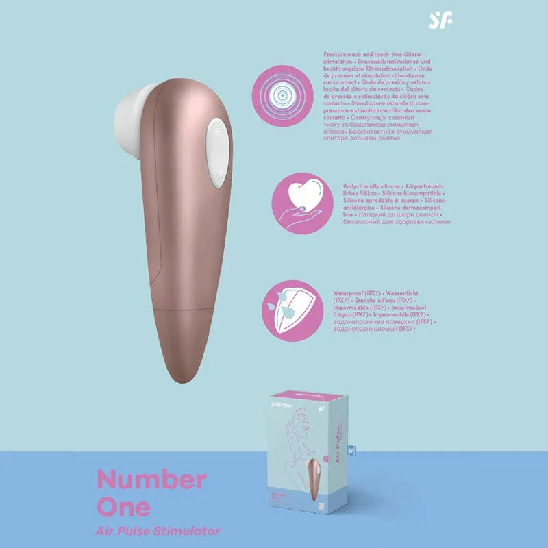 Satisfyer Number 1 - Clitoral Stimulator in Rose Gold, product graphic with feature callouts