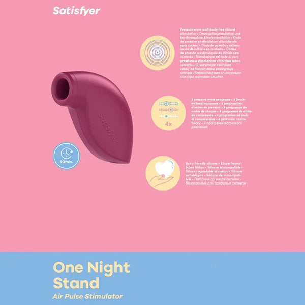 Satisfyer One Night Stand in Maroon, product graphic with feature callouts