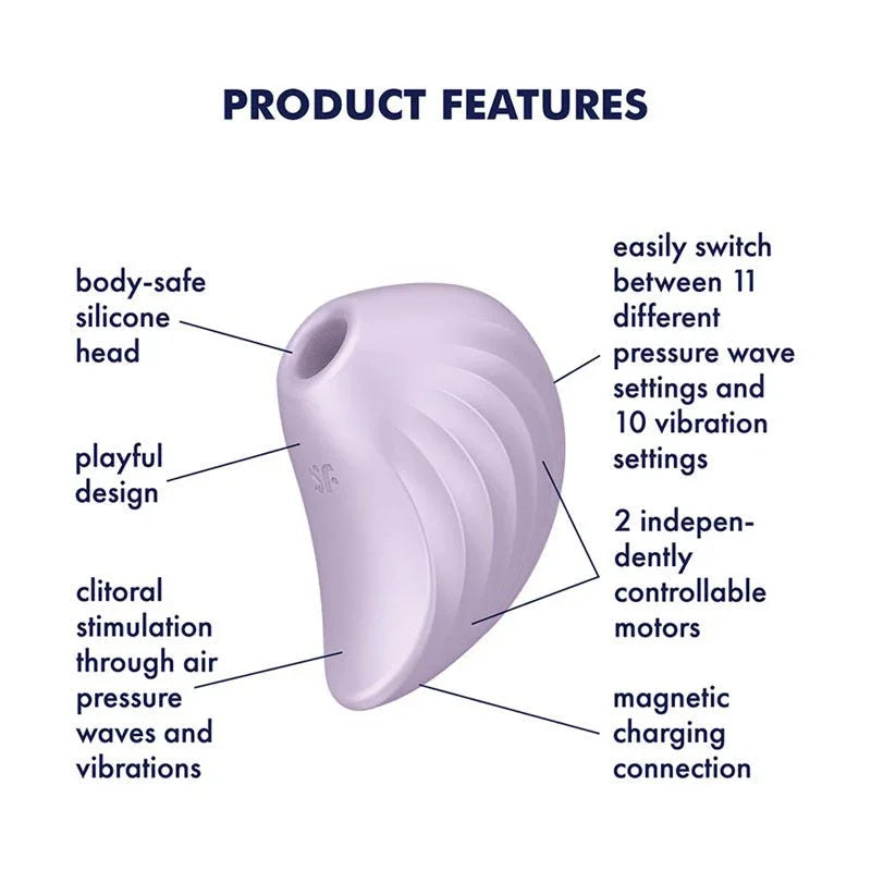 Satisfyer Pearl Diver - Air Pulsation Stimulator in Violet, labelled feature diagram