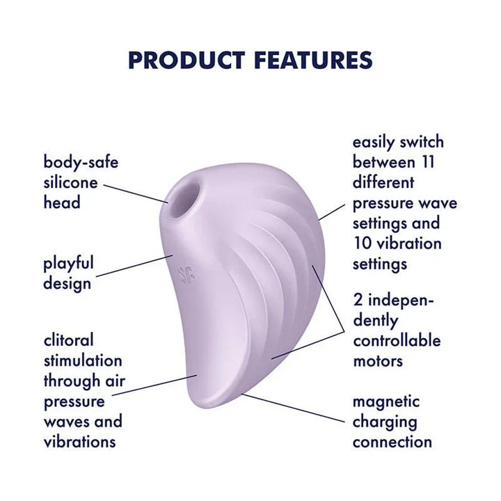 Satisfyer Pearl Diver - Air Pulsation Stimulator in Violet, labelled feature diagram