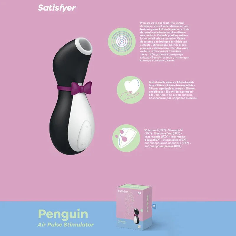 Satisfyer Penguin - Clitoral Stimulator in Black, product graphic with feature callouts