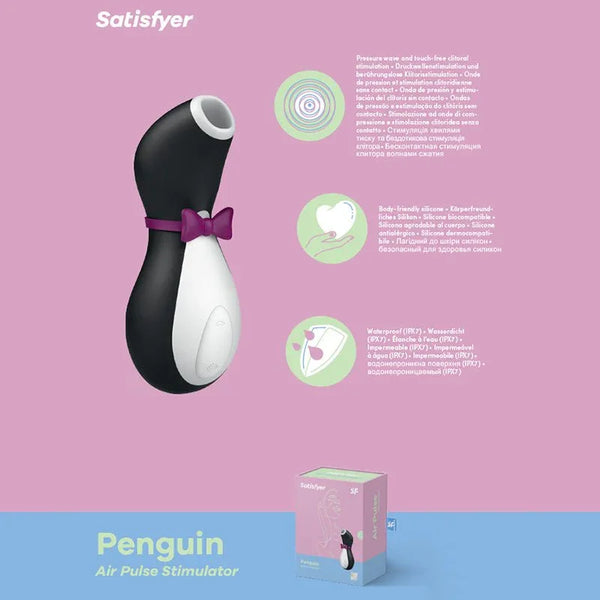 Satisfyer Penguin - Clitoral Stimulator in Black, product graphic with feature callouts