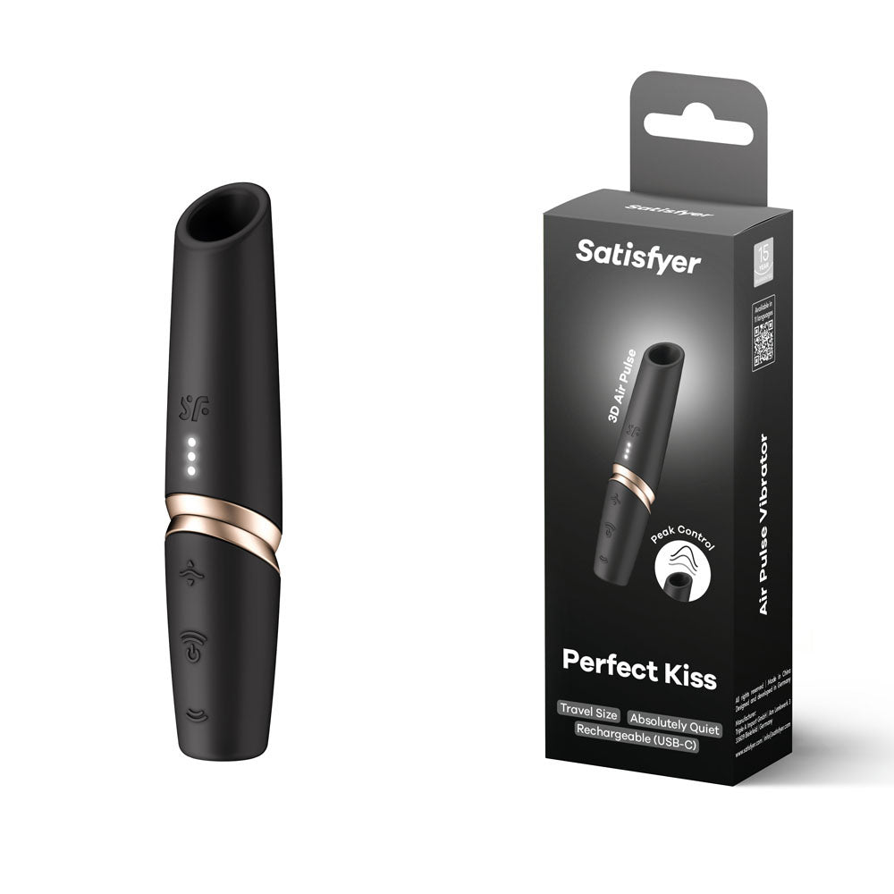 Buy Satisfyer Perfect Kiss - Black USB Rechargeable Air Pulse Stimulator – Naughtyhut NZ sex toys online. Discreet delivery & top brands.