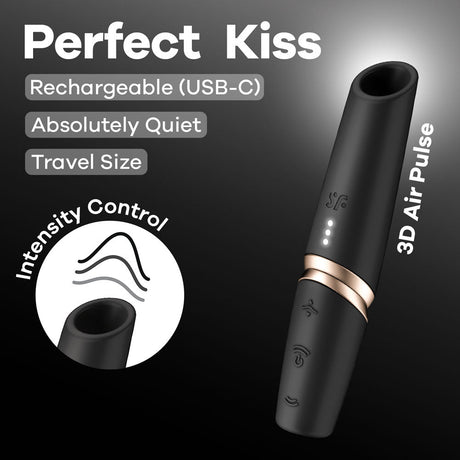 Buy Satisfyer Perfect Kiss - Black USB Rechargeable Air Pulse Stimulator – Naughtyhut NZ sex toys online. Discreet delivery & top brands.