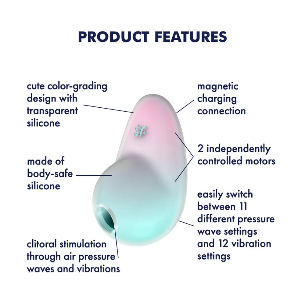 Satisfyer Pixie Dust - Vibrating Air Pulse Stimulator in Mint/Pink, labelled feature diagram