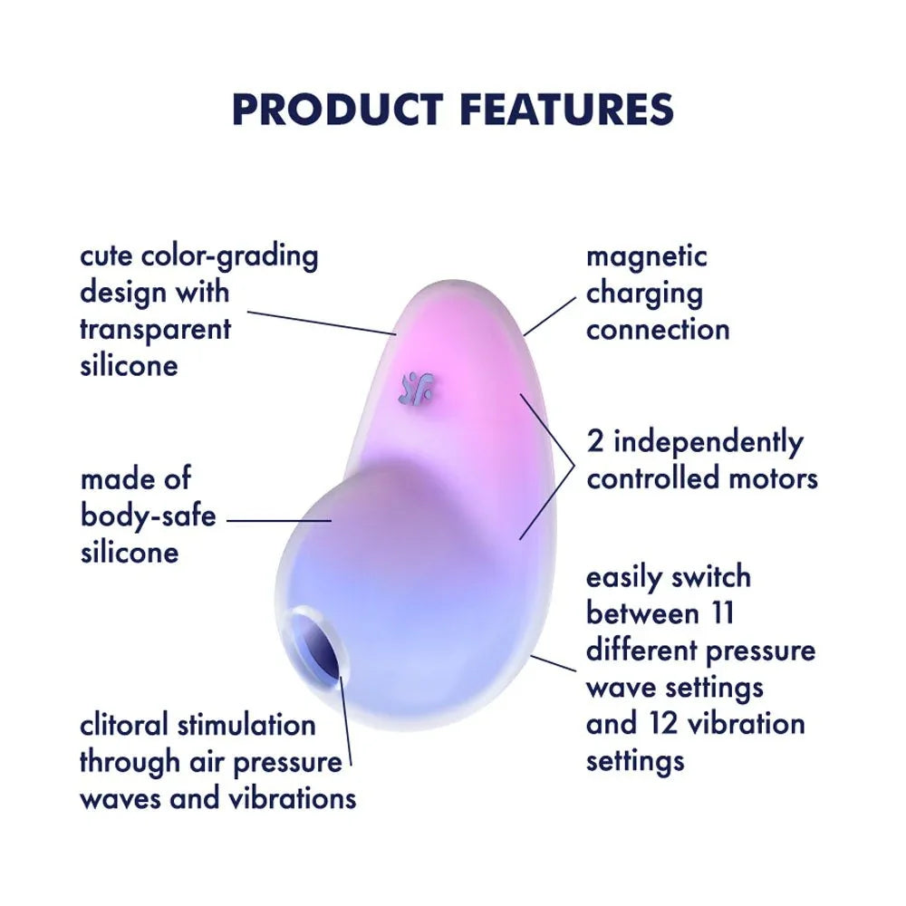 Satisfyer Pixie Dust - Vibrating Air Pulse Stimulator in Violet/Pink, labelled feature diagram