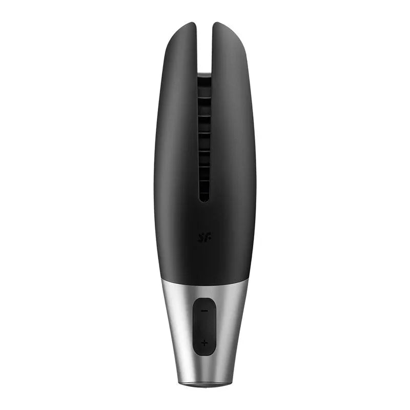 Satisfyer Power Masturbator - Vibrating Masturbator in Black, upright view