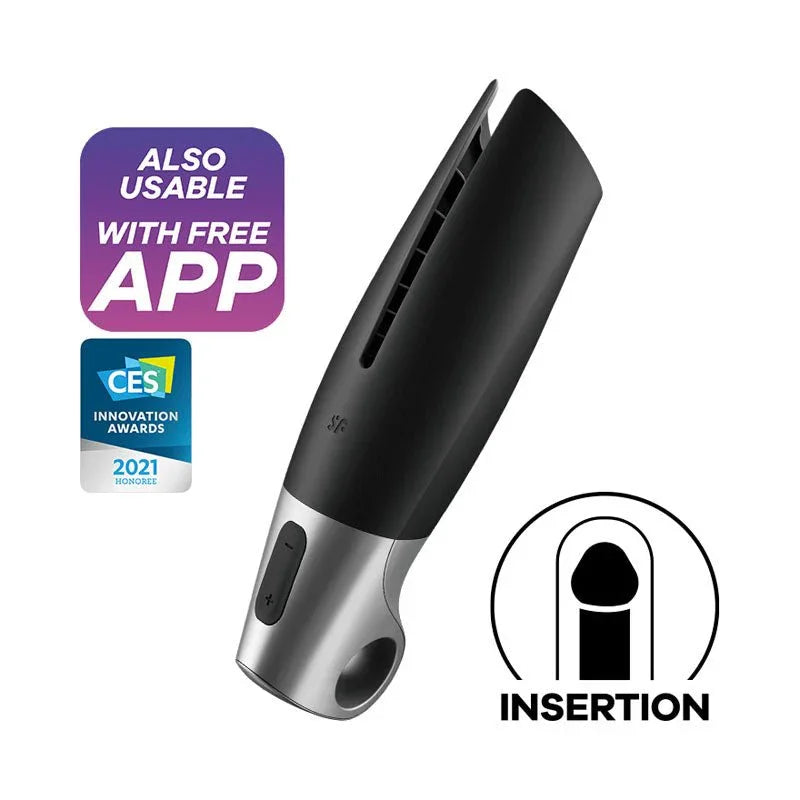 Satisfyer Power Masturbator - Vibrating Masturbator in Black with a feature badge